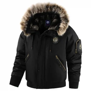 Men's Winter Warm, Hooded Jacket with Raw Edge, Lined Aviator Jacket, Embroidered Badge Design, Windproof and Waterproof Jacket