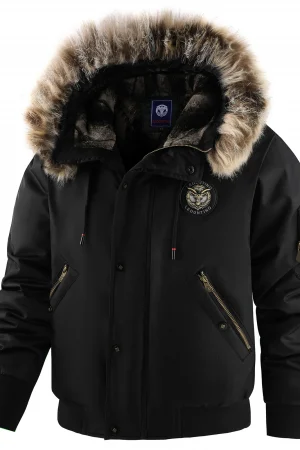 Men's Winter Warm, Hooded Jacket with Raw Edge, Lined Aviator Jacket, Embroidered Badge Design, Windproof and Waterproof Jacket