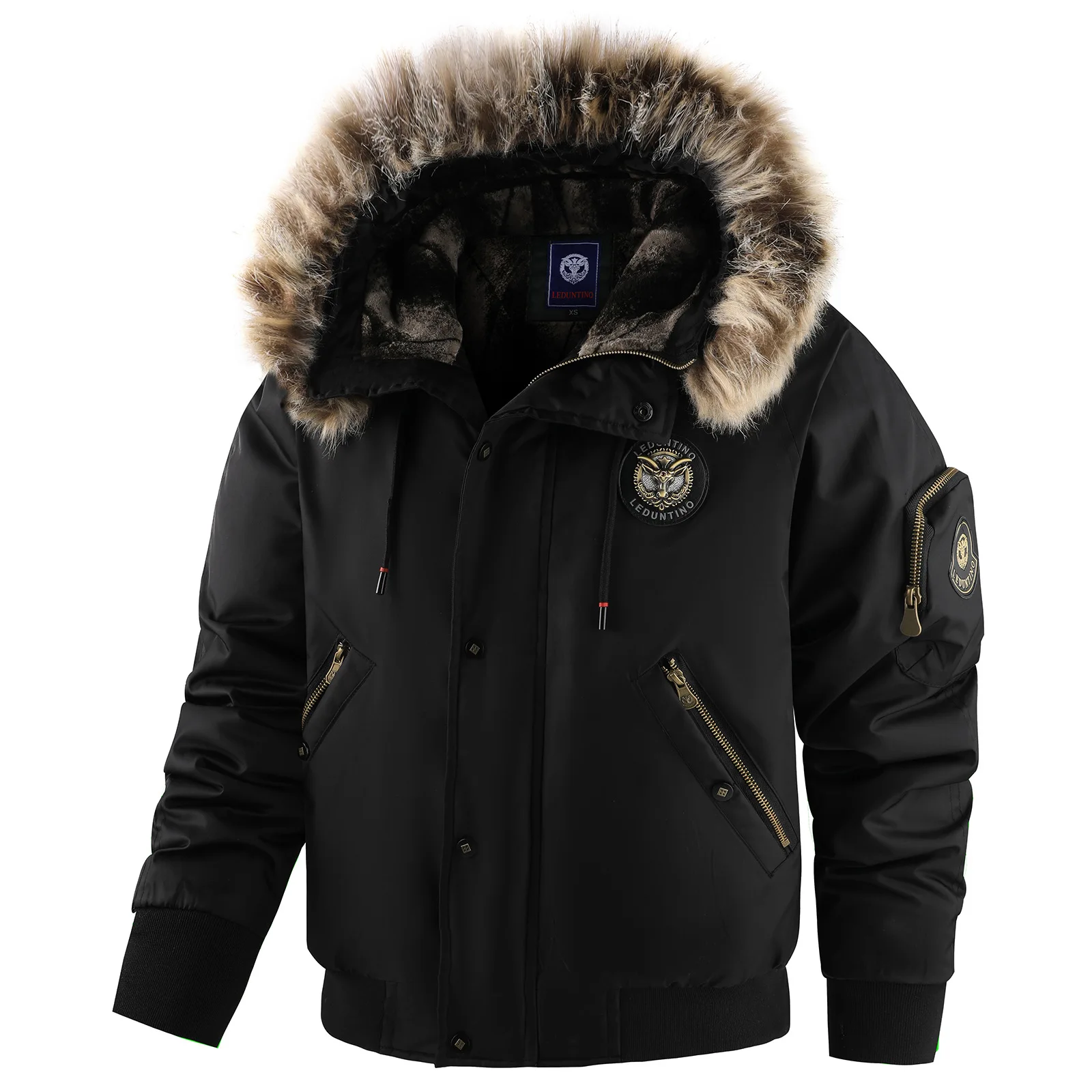 Men's Winter Warm, Hooded Jacket with Raw Edge, Lined Aviator Jacket, Embroidered Badge Design, Windproof and Waterproof Jacket