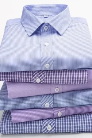 Men's Business Casual Shirts Purple Blue Cotton Regular Fit Long Sleeve Classic Plaid Striped Checked Social Work Dress Shirts