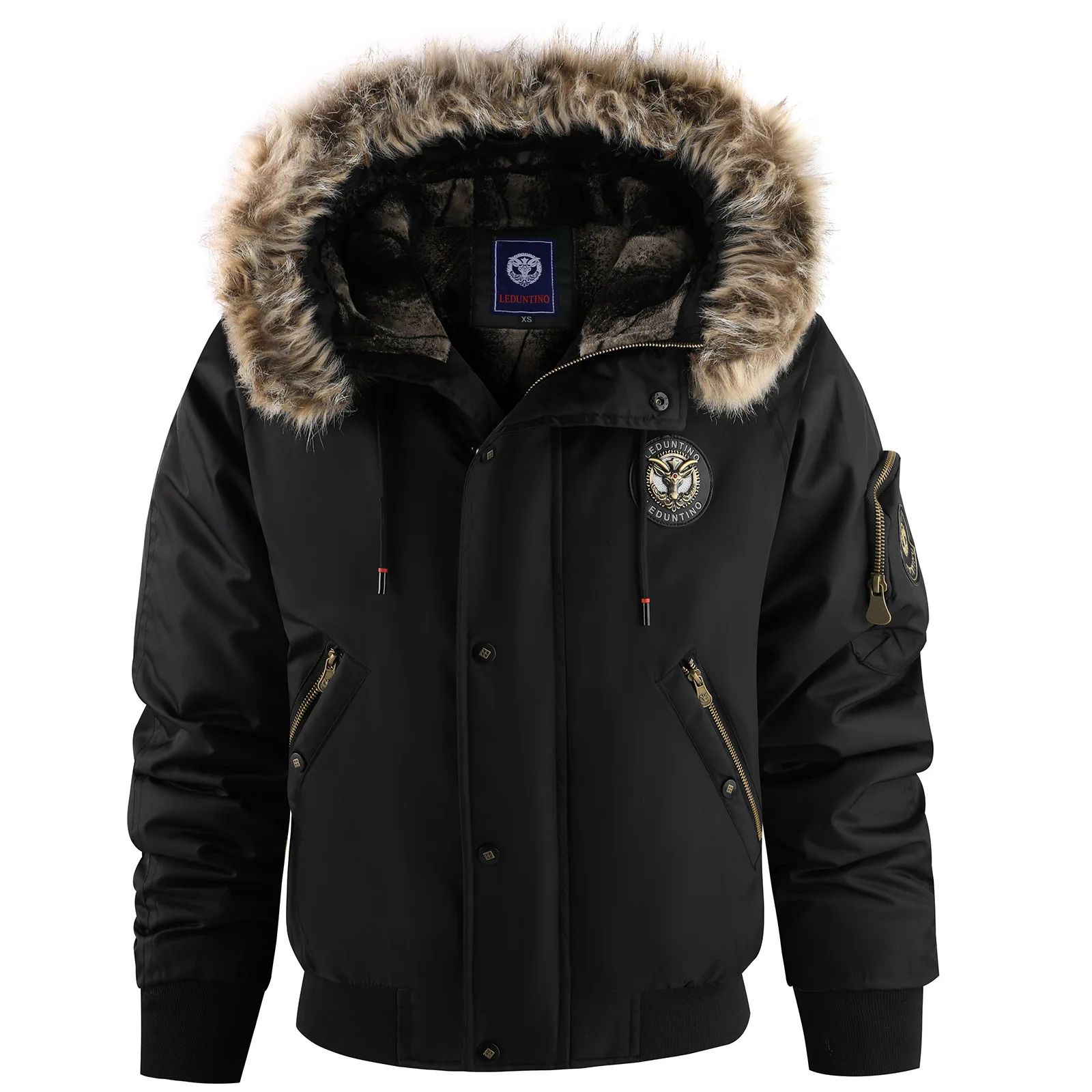 Men's Winter Warm, Hooded Jacket with Raw Edge, Lined Aviator Jacket, Embroidered Badge Design, Windproof and Waterproof Jacket - Image 2