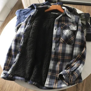Mens Winter Fleece Linend Warm Plaid Shirt Jacket Casual Long Sleeve Flannel Checked Shirt Men Western Cowboy Button Up Chemise