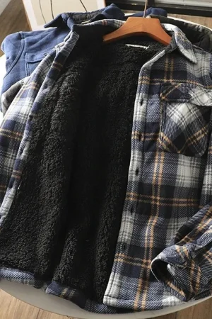 Mens Winter Fleece Linend Warm Plaid Shirt Jacket Casual Long Sleeve Flannel Checked Shirt Men Western Cowboy Button Up Chemise