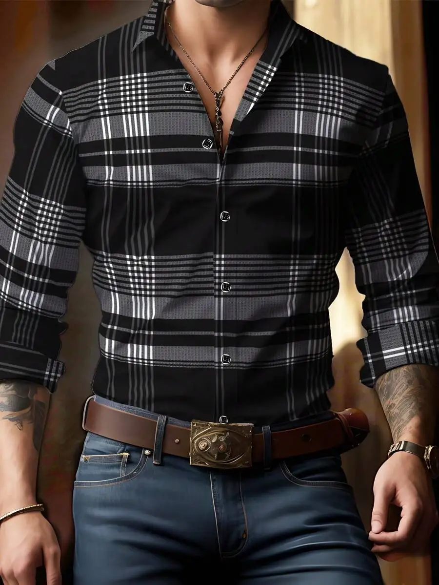 Men's Long Sleeve Plaid Shirt, Classic Fit, Button-Down Collar, All-Season Casual Wear