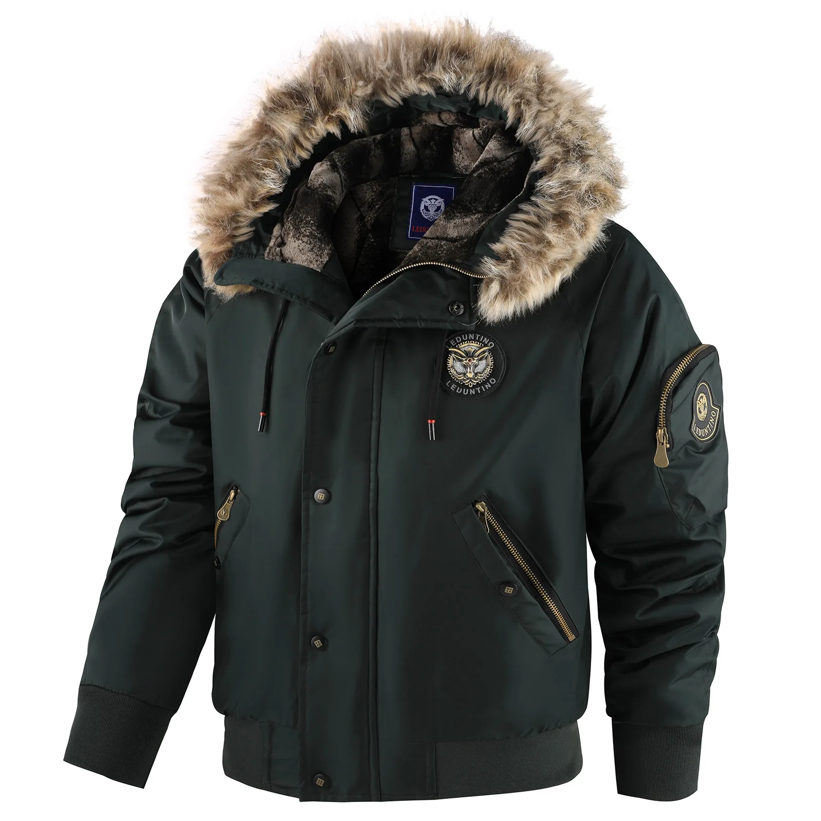 Men's Winter Warm, Hooded Jacket with Raw Edge, Lined Aviator Jacket, Embroidered Badge Design, Windproof and Waterproof Jacket - Image 4