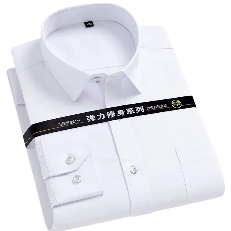 Men's Strech Solid Dress Shirt Anti-Wrinkle Long Sleeve Plain Casual Shirts Male Regular Fit Non-iron Easy Care Work Clothes Man - Image 2