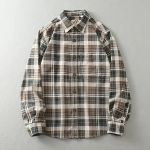 100% cotton vintage wash plaid shirt Men's spring and autumn casual long-sleeved shirt jacket